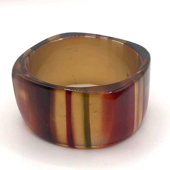 Chunky Striped Lucite Style Square Bangle Bracelet Amber Gold Burgundy Green - Picture 7 of 14